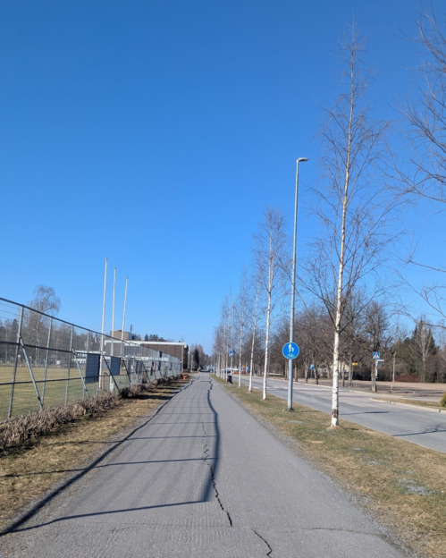 Molemmin puolin nurmen rajaama asfalttiväylä. Edempänä oikealla koivuja tien varressa, vasemmalla verkkoaita. Asfaltissa näkyy halkeamia. 